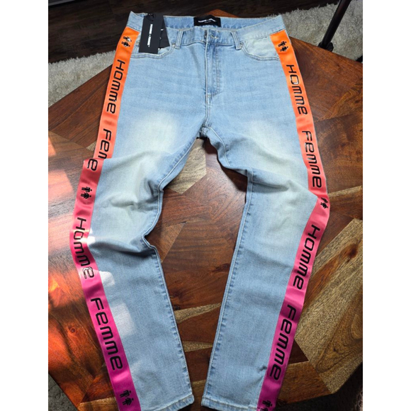 Men's Homme + Femme Light Blue Orange Striped Slim Jeans Waist 34 NWT - Picture 1 of 11
